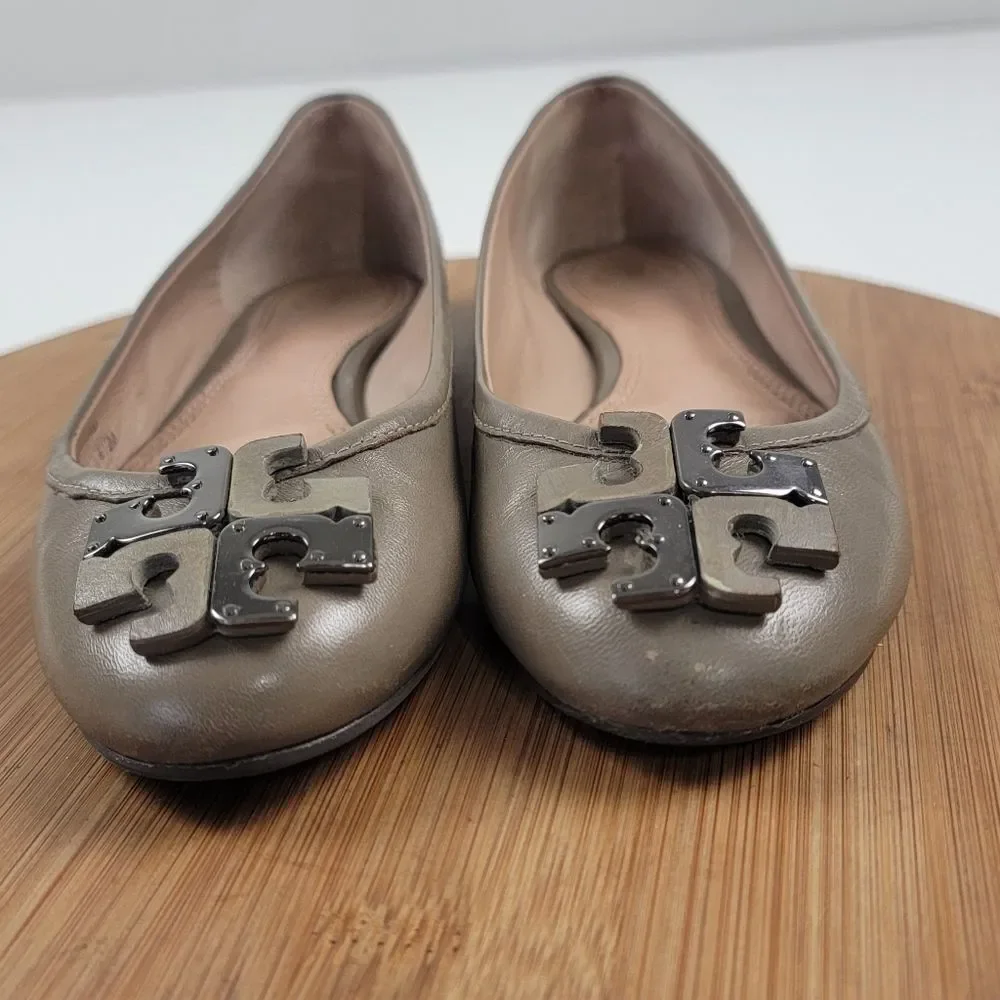 Tory Burch Taupe Leather Logo Ballet Flats